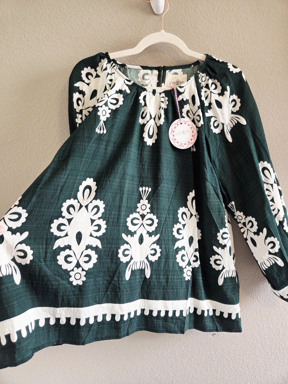 NWT Umgee Boho Border Print Peasant Blouse Hunter Green White Large K1054 - Picture 2 of 8